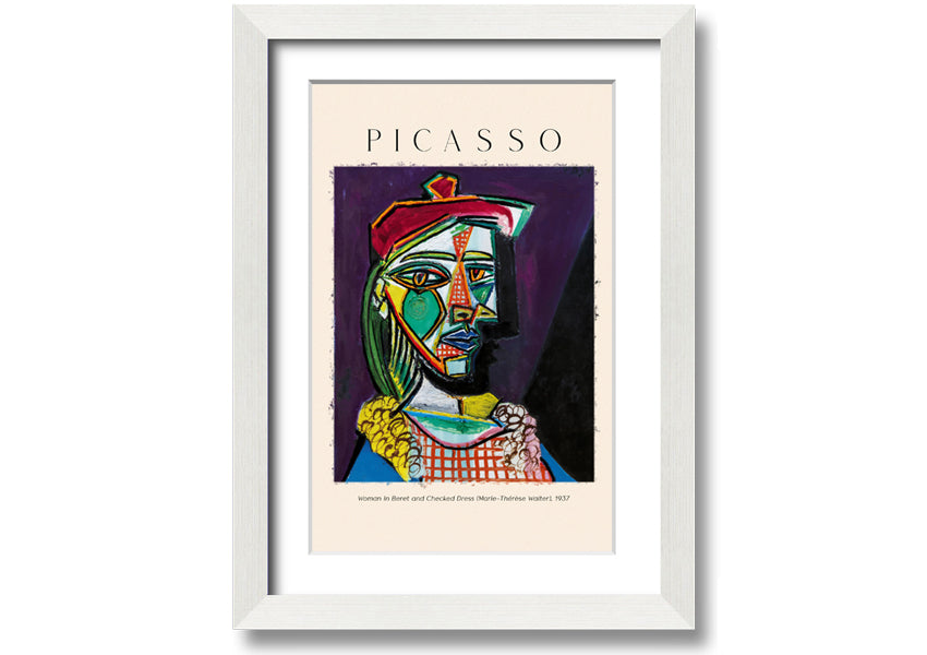 A vibrant reproduction of Picasso's 'Woman In Beret And Checked Dress 1937' printed on canvas, framed and ready to hang.